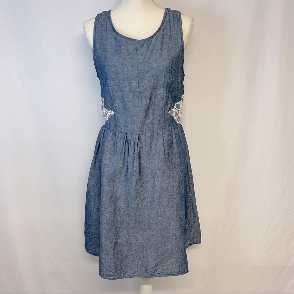 Catherine Malandrino Denim Midi Dress Size L Sleeveless Linen Blend Lace Dainty